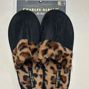 Charles Albert Black Slippers with Leopard Trim